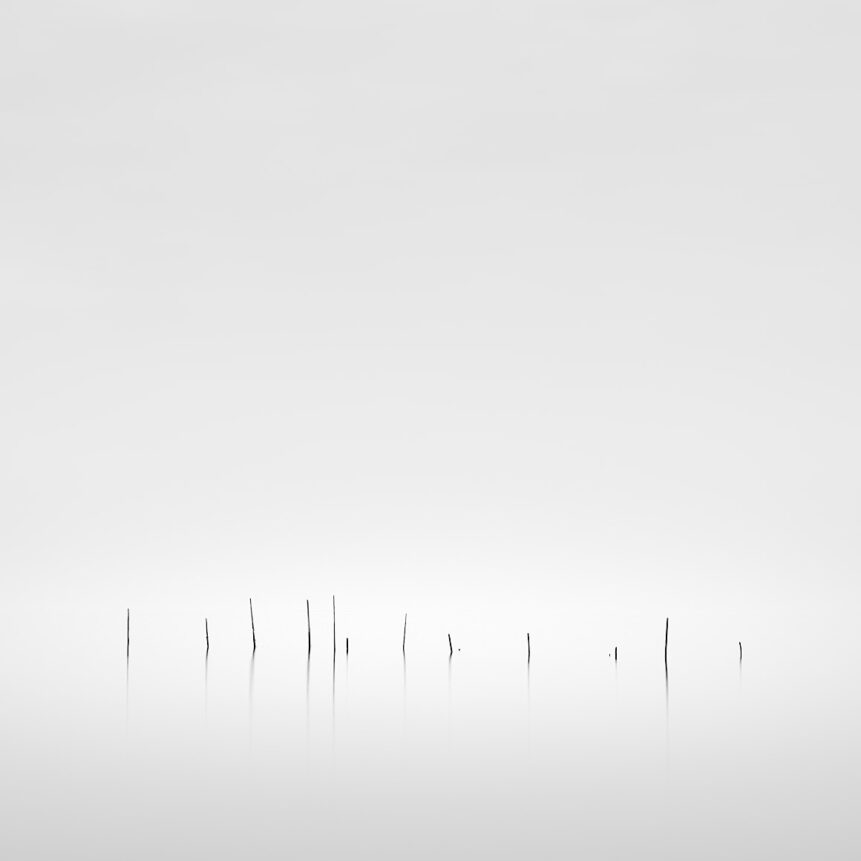 A misty coastal landscape in B&W, showing fishing nets in the North Sea near Rockanje in The Netherlands. Silence at the Sea - © 2025 Johan Peijnenburg: www.niophoto.com