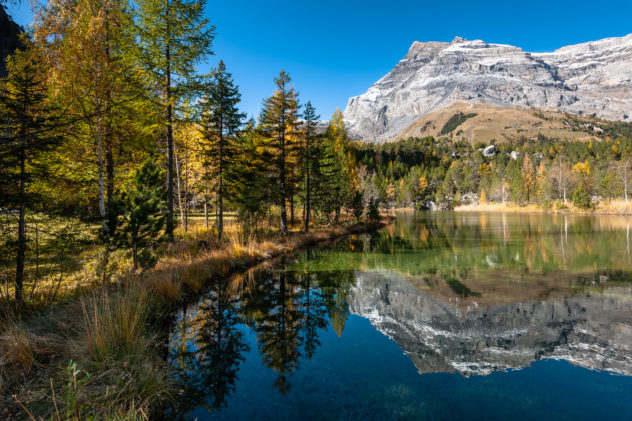 An alpine lake with the reflection of the Swiss Diablerets mountain and trees in fall colours. Alpine autumn reflections - Copyright Johan Peijnenburg - NiO Photography