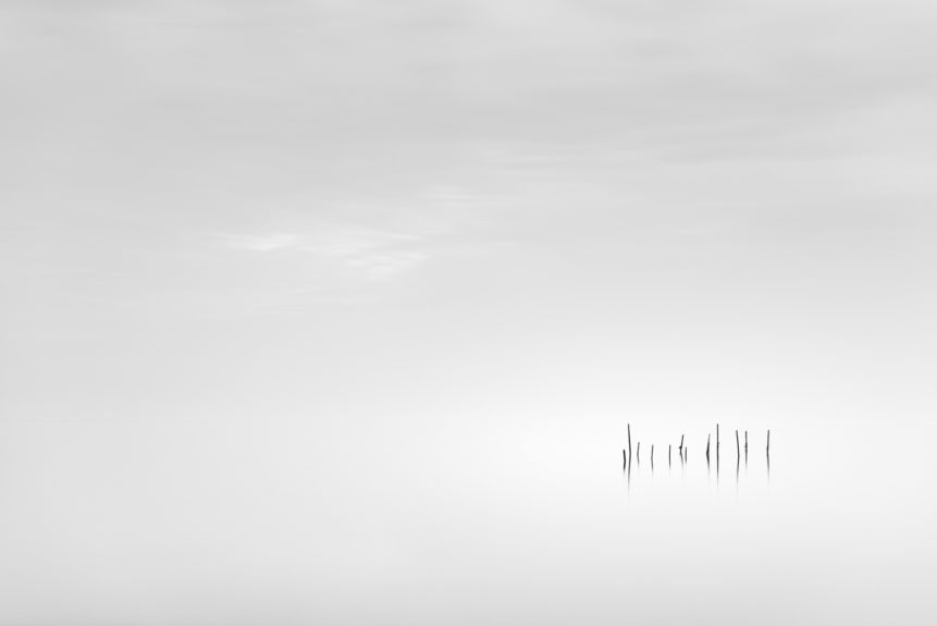 A coastal landscape in B&W, showing the North Sea coast of Zeeland in The Netherlands with fishing net sticks. Daydreaming - Copyright Johan Peijnenburg - NiO Photography