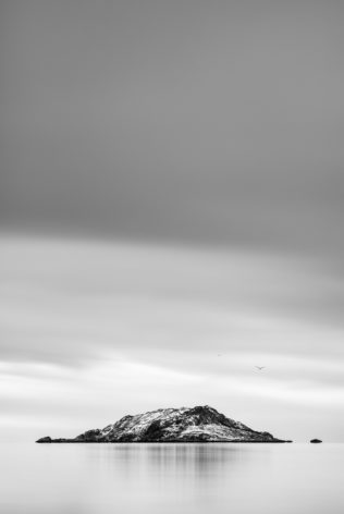 A Norwegian coastal landscape in B&W featuring Kunna island in Lofoten, Norway, and two birds in the sky above the island. Given to Fly - Copyright Johan Peijnenburg - NiO Photography