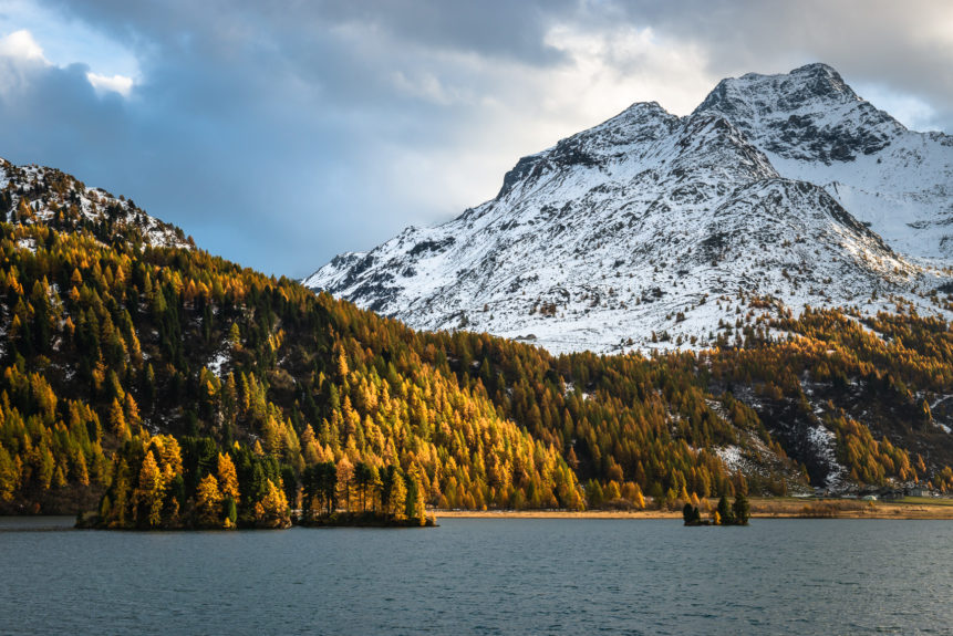 A lake landscape showing the beauty of autumn in the Swiss Alps at Lake Sils in Engadin with its beautiful larch tree forests and mountains. The mountain in the back is Piz de La Margna. Colours of Fall - Copyright Johan Peijnenburg - NiO Photography