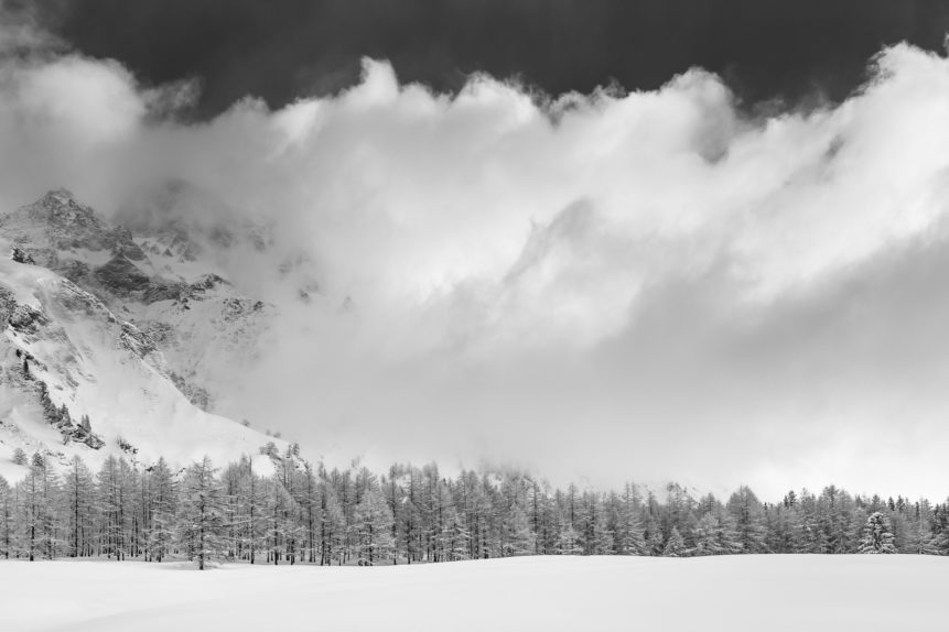 An alpine landscape in B&W, featuring a larch tree forest with snow, the Swiss mountain La Tsavre and a big cloud of rising fog, near La Fouly in the Swiss Alps. The Wall - Copyright Johan Peijnenburg - NiO Photography