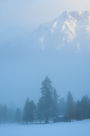 A winter landscape photograph showing a forest with a small barn as well as mountains with alpenglow at sunrise on a foggy day in the Swiss Alps. Misty Glow - Copyright Johan Peijnenburg - NiO Photography